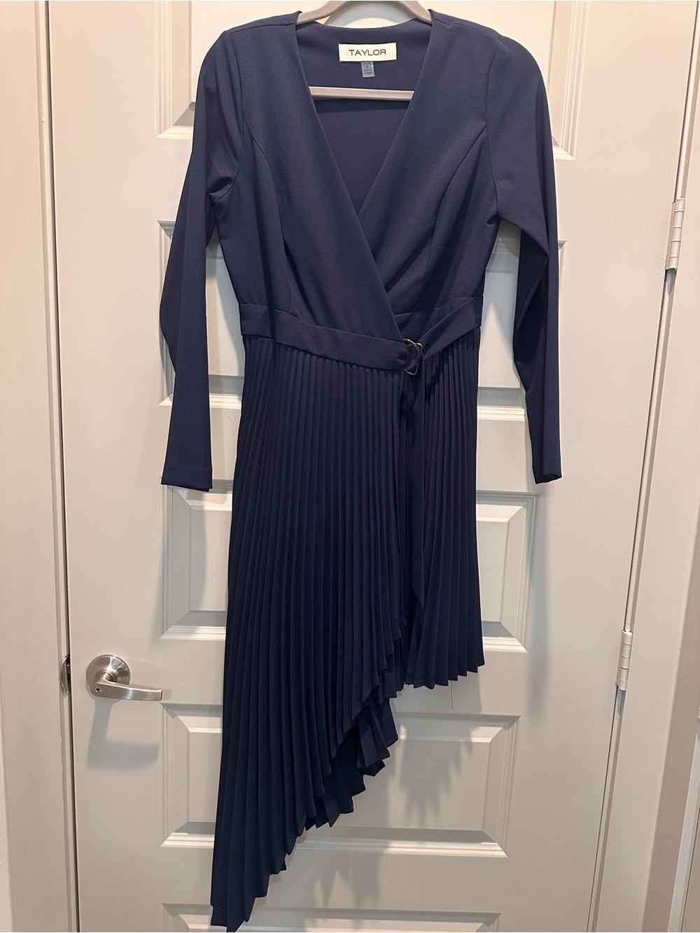 TAYLOR Navy Asymmetrical Pleated Wrap Dress